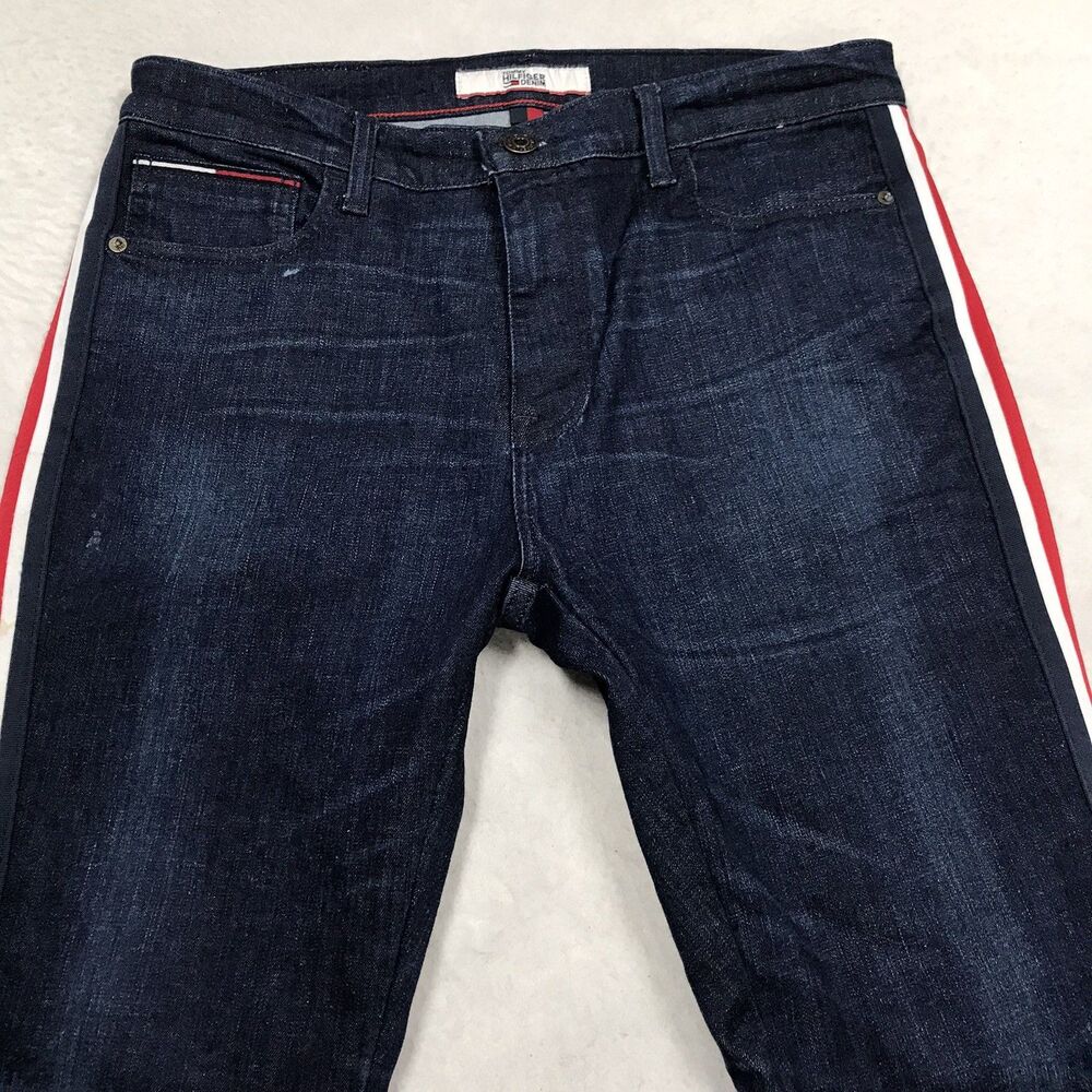 TOMMY HILFIGER Slim Taper Jean Men 33x30 Dark Wash Racing Stripe Honeycomb - Picture 3 of 16